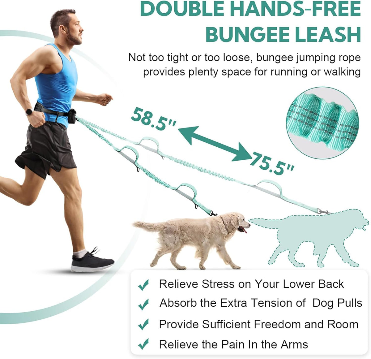 Hands Free Dog Leash, Retractable Bungee with Double Padded Handles, Waist Leash for Dog Walking, Heavy Duty Dog Leash for Medium & Large Dog, Dog Walking Accessories, Green