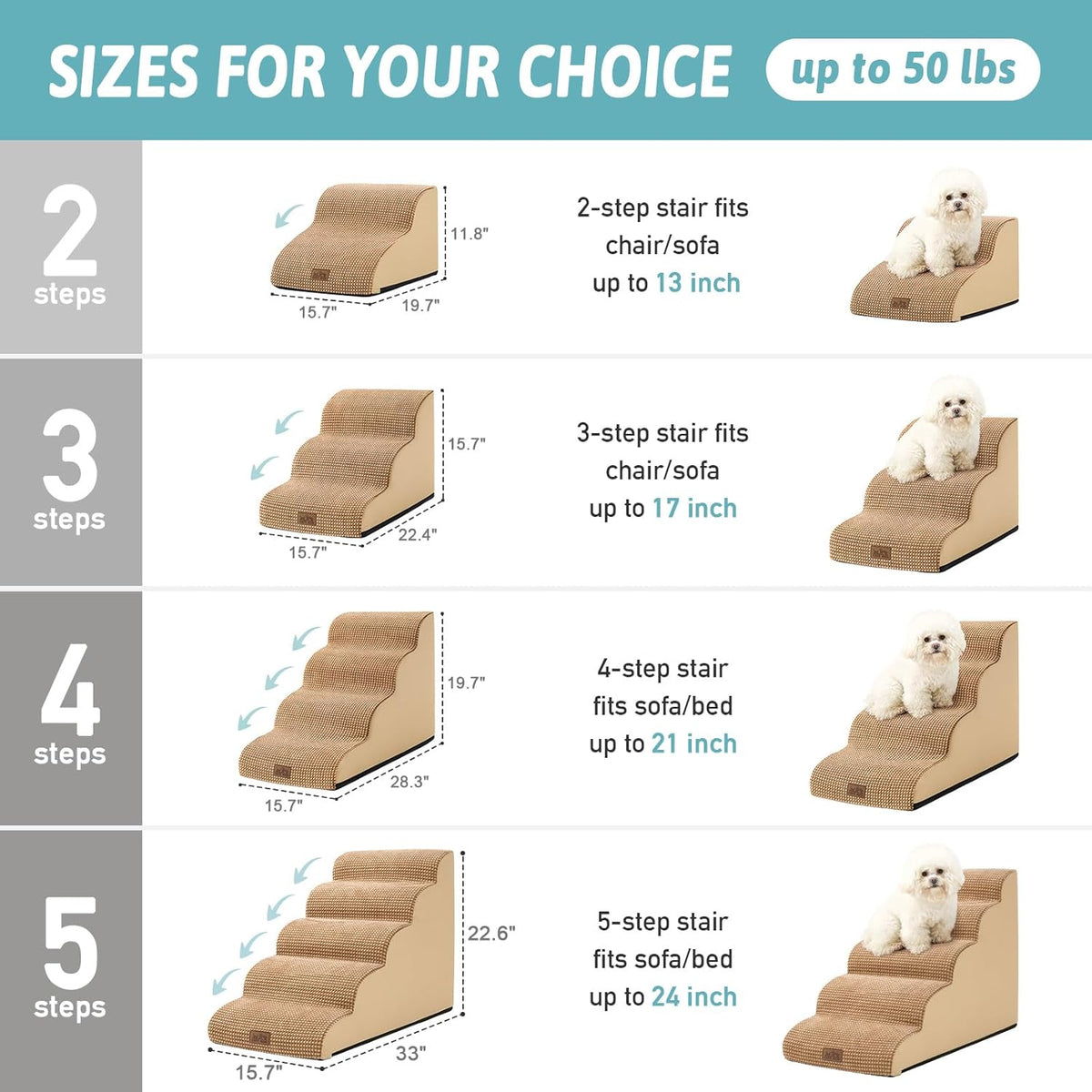 Dog Stairs for Small Dogs 15.7" H, Curved Dog Step for Puppy, Older Cat, Medium Pet Ramp for Sofa, Couch or Chair, Ladder with High Density Foam, 15.7x22.4x15.7 inch, 3 Step, Light Brown