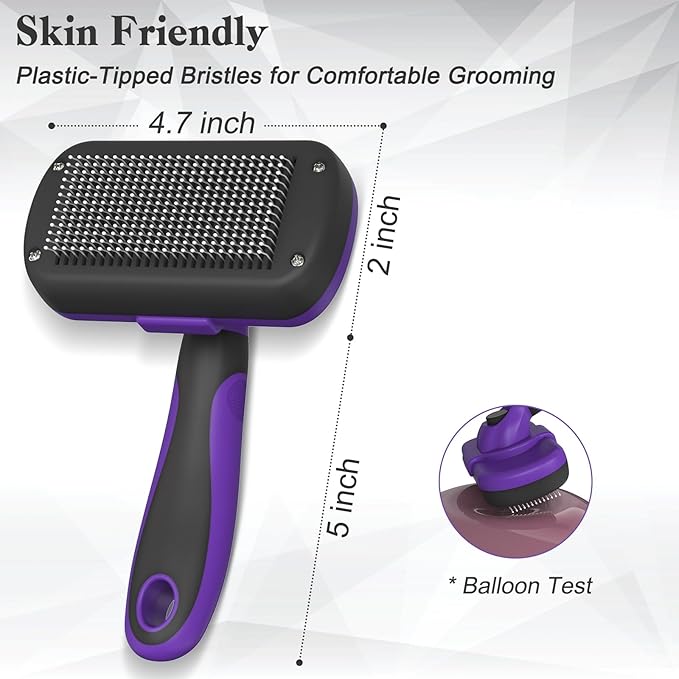 Self Cleaning Cat & Dog Grooming Brush - Skin Friendly Deshedding Hair Brush for Haired Dogs & Puppies, Purple