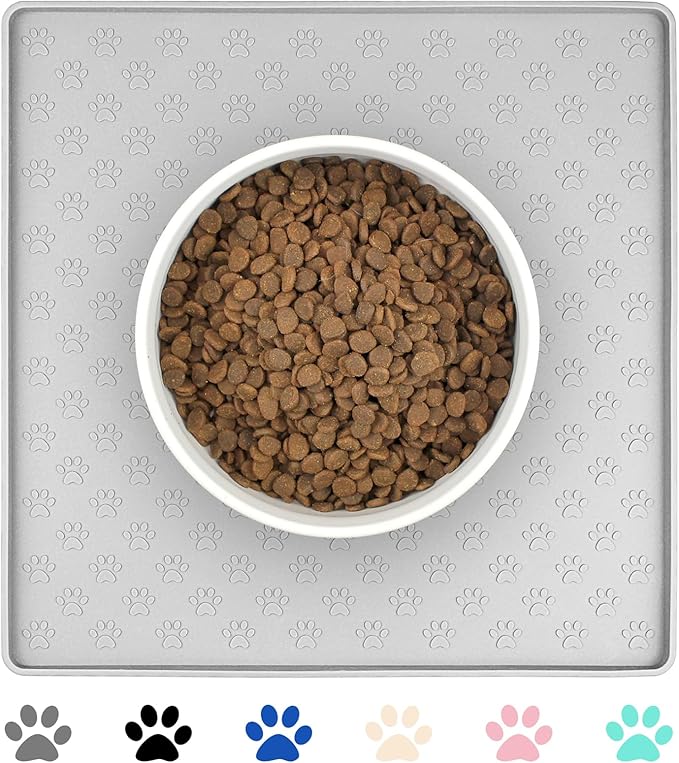 Ptlom Dog Food Mat Anti-Slip Bowl Mats for Food and Water, Waterproof Silicone Pet Placemat with High Raised Edges, Non-Slip Puppy Feeding Tray for Small, Medium Large Cats Dogs, Gray, 11.8"x11.8"
