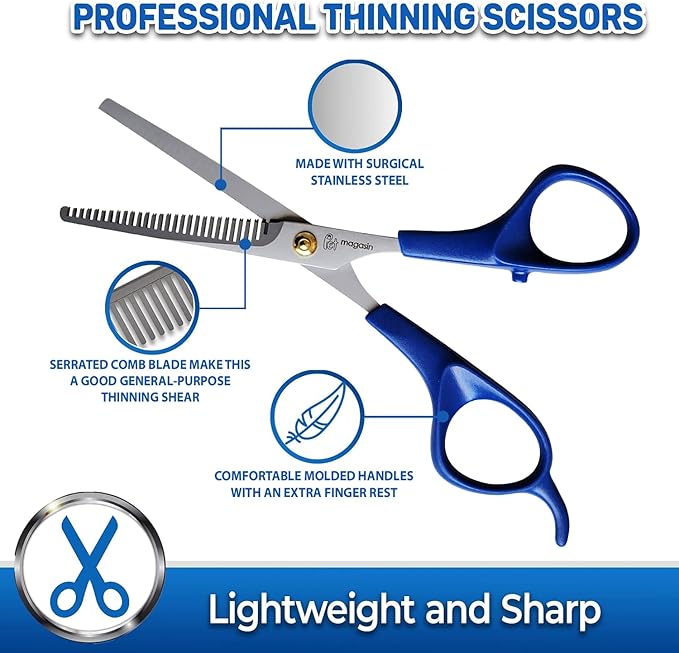 PET MAGASIN Dog Grooming Scissors Straight Thinning Blue Stainless Steel Professional Grooming Shears for Dogs and Pets
