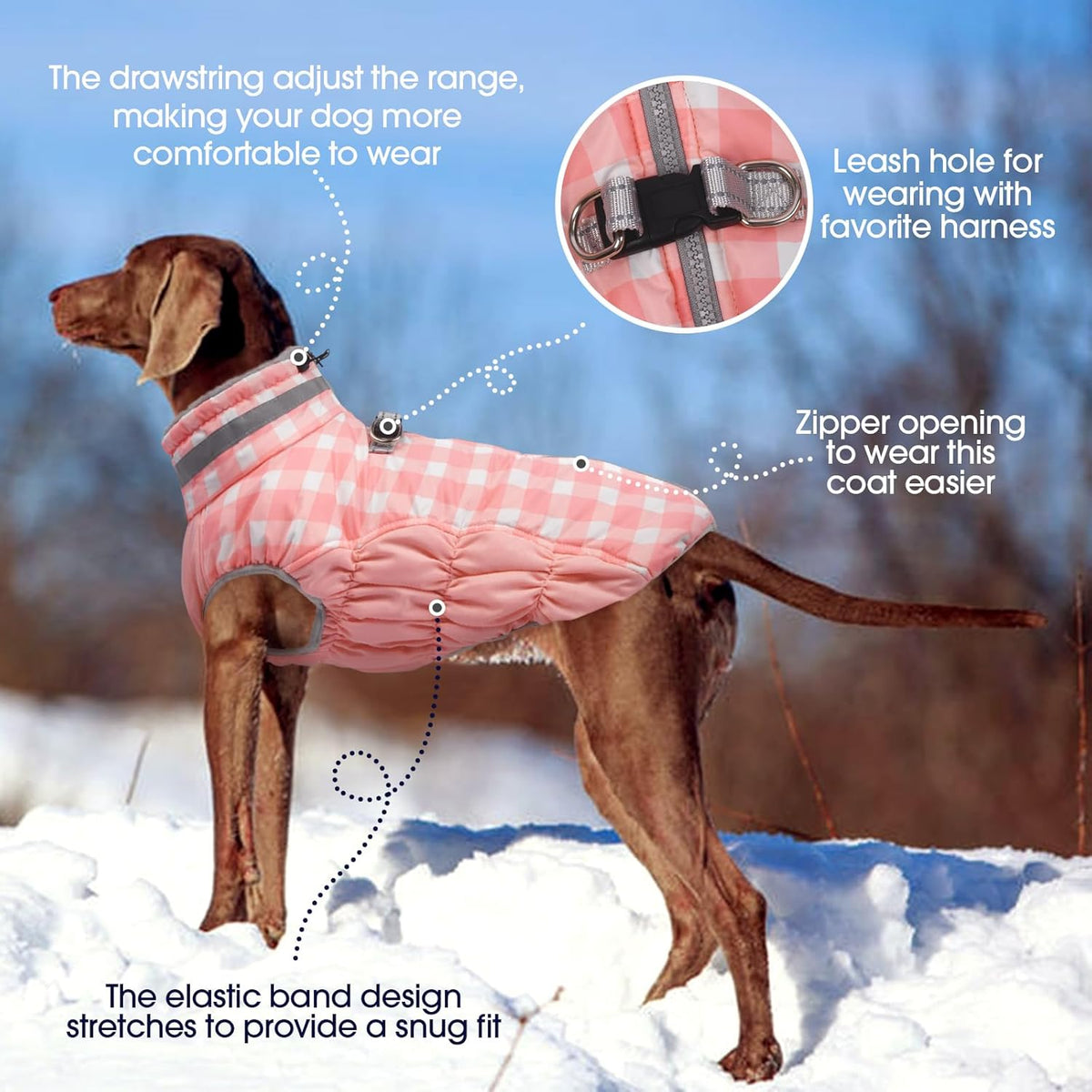 FUAMEY Dog Coat for Small Dogs,Waterproof Dog Winter Jacket with Harness Built in Puppy Cold Weather Coats Reflective Pet Vest with Zipper Warm Fleece Dogs Snowsuit Windproof Pink Plaid S