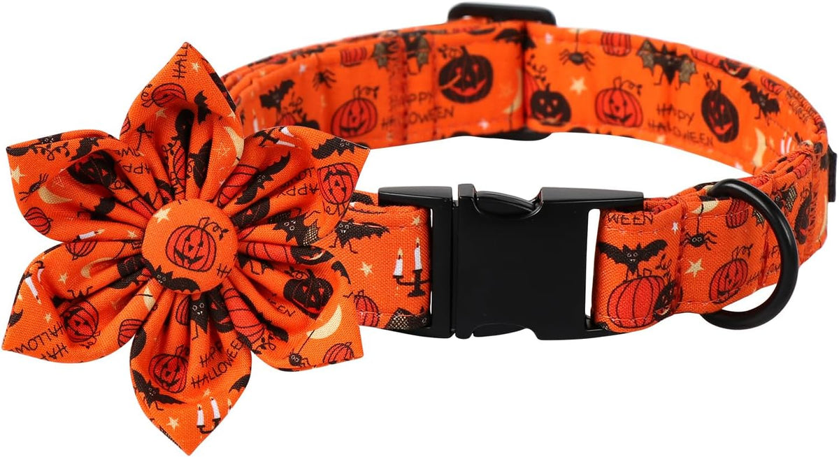 Lionet Paws Halloween Dog Collar with Flower, Cute Fall Orange Dog Collar for Small Dogs, Adjustable Cotton Pumpkin Bat Pet Collars Puppy Collar for Girl Dogs
