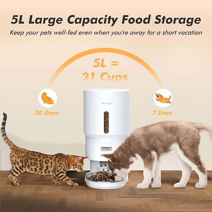Automatic Cat Feeder - 5L Anti-Clog Cat Food Dispenser with Freshness Preservation, 1-6 Meals/Day, Programmable Portions, 10s Voice, 180-Day Battery Life, Auto Pet Feeder for Multi Cats & Dogs