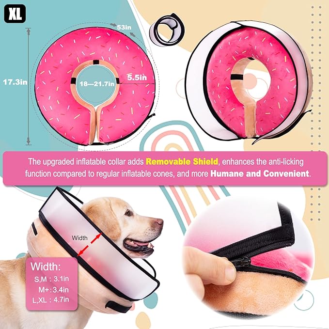 Inflatable Dog Cone Collar with Enhanced Anti-Licking, Soft Neck Donut for Dogs Cats, Recovery Pet Cone Collar After Surgery for Large Medium Small Dogs… (Donut Pink, X-Large)