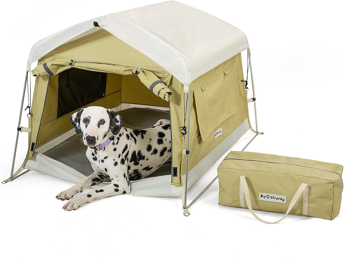 Dog Tent Cotton Fabric, Aluminum Poles and Camping Mat, Outdoor Weatherproof, Dog House Outdoor, Breathable with 2 Side Windows, Portable and Collapsible (Green, Large)