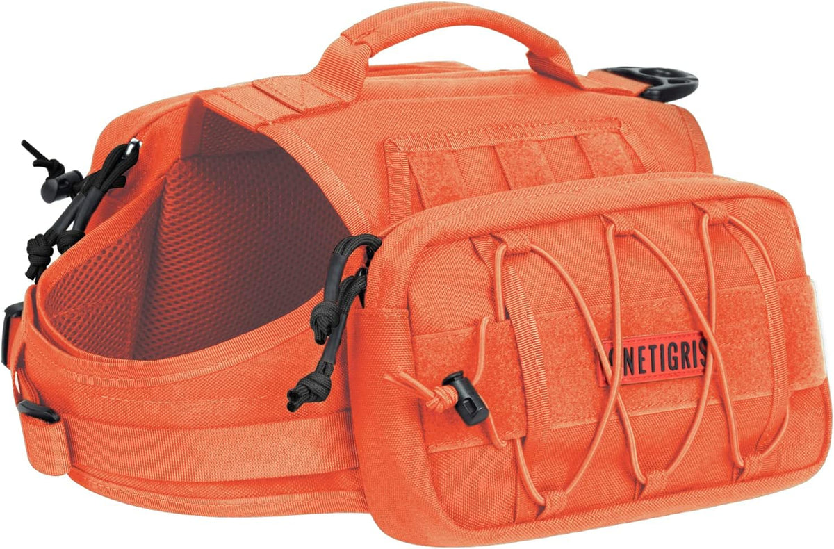 ONETIGRIS Dog Backpack for Medium & Large Dogs, Nylon Backpack for Dogs Tactical Pet Backpack with Side Pockets for Hiking Walking Training Running (Orange, Medium)