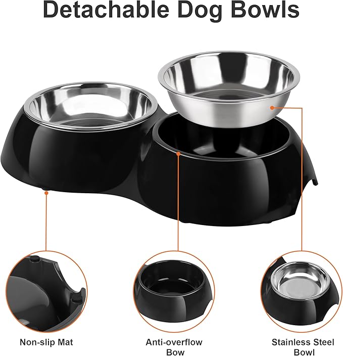 Stainless Steel Dog Bowls Set – Dual Non-Slip Pet Dishes with 2 Small (1 Cup*2) Bowls & Durable Resin Stand – Food & Water Feeder for Puppies, Cats, and Medium Dogs – Black