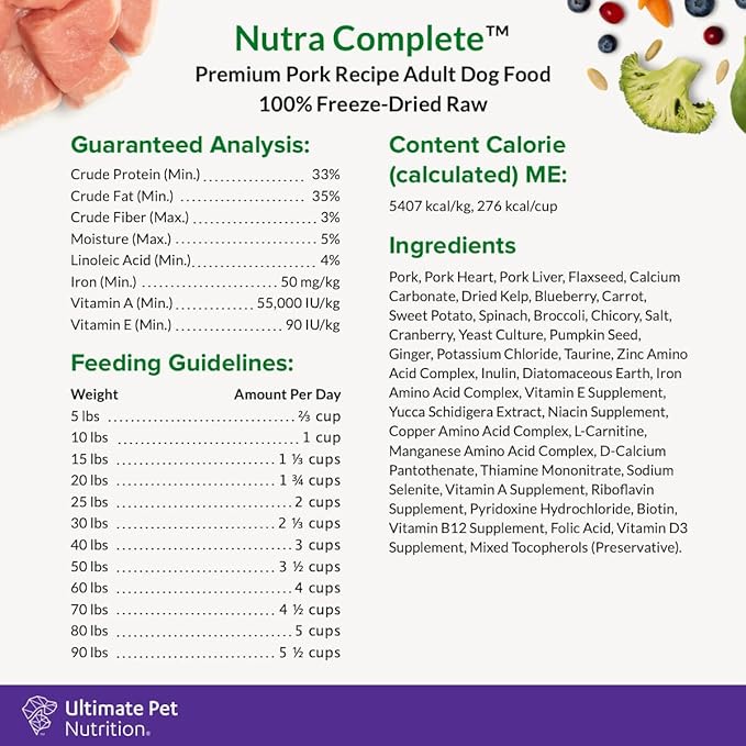 ULTIMATE PET NUTRITION Nutra Complete Freeze Dried Raw Dog Food, Veterinarian Formulated with Antioxidants, Prebiotics & Amino Acids (3 Pound, Pork)