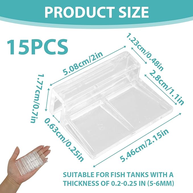15 Pcs Rimless Aquarium Lid Clips for 5-6mm Glass, Clear Acrylic Aquarium Cover Support Clamps for Fish Tank Lid Holder, Plastic Tank Top Clips for Glass Canopy or Piscine Hoods and Covers