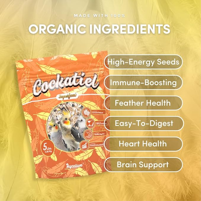 Mycelium Organic Cockatiel Superfood Bird Seed (5 LBS) | Premium Bird Food for Cockatiels & Small Parrots | Supports Immunity, Digestion & Development | Non-GMO, No Fillers, Made in USA