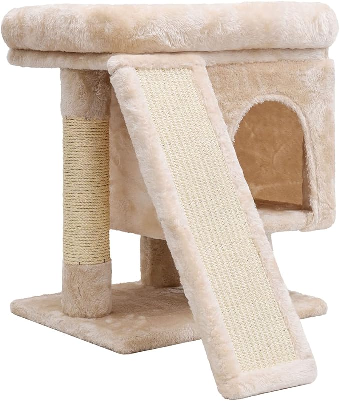 SYANDLVY Small Cat Tree for Indoor Large Cats, Kittens Condo with Scratching Post and Board, Modern Activity Tower with Cave (Beige)