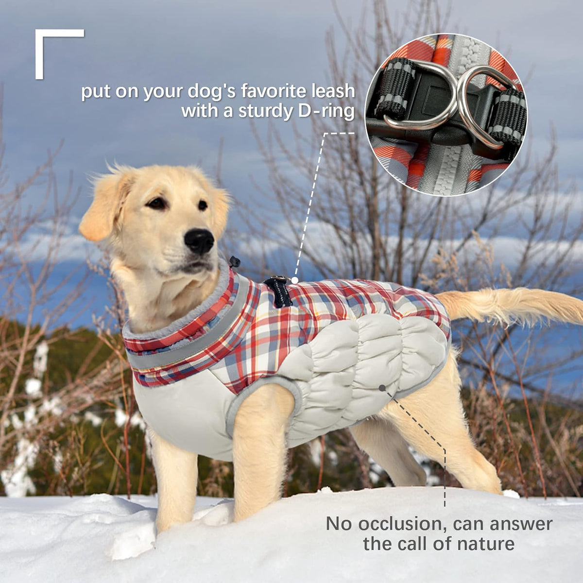 FUAMEY Dog Coat for Large Dogs,Waterproof Dog Winter Jacket with Harness Built in Puppy Cold Weather Coats Reflective Pet Vest with Zipper Warm Fleece Dogs Snowsuit Windproof Red Plaid XXL