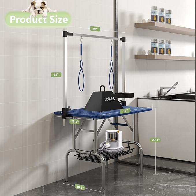 VFK 36''/47''Large Dog Grooming Table, Foldable Pet Station at Home, Dog Grooming Table,Adjustable Cat Drying Desktop with Arms, Nooses, Mesh Tray (Stainless Steel pet Table, 36" Blue)