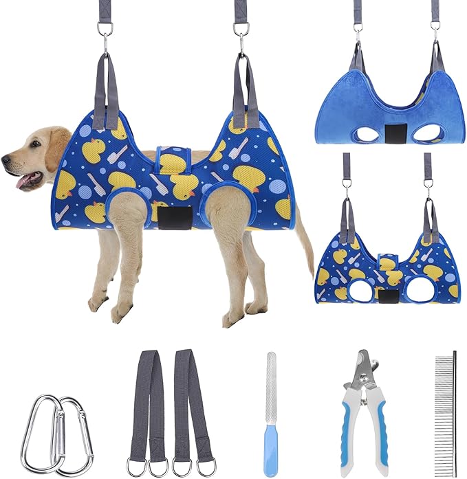 PAWCHIE Dog Grooming Hammock Harness for Dogs & Cats with Pet Nail Clipper Trimmer - Cat Hanger Sling for Trimming Clipping Nails- Dog Hammock Restraint Bag for Small Medium Large Dog, Navy Blue M