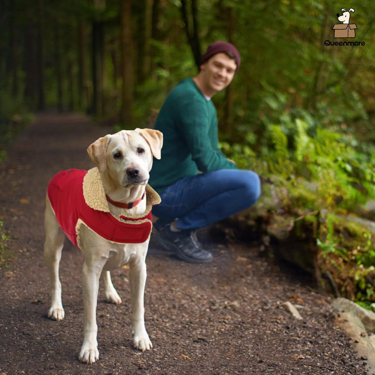 Queenmore Warm Dog Coat, Cold Weather Puffer Dog Jacket Ultra Thick Plush Lining with Storage Pockets (Red, Small)