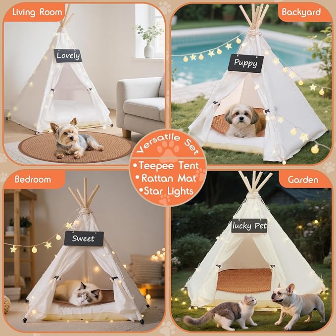 16" Dog& Cat Teepee Tent +20" Pet Cooling Mat +10ft Star String Light [2-Modes],Cotton Thicked Soft Comfort Anti-Slip Cushion (Used/Wash Separately), Small Pets Tents House Indoor or Outdoor