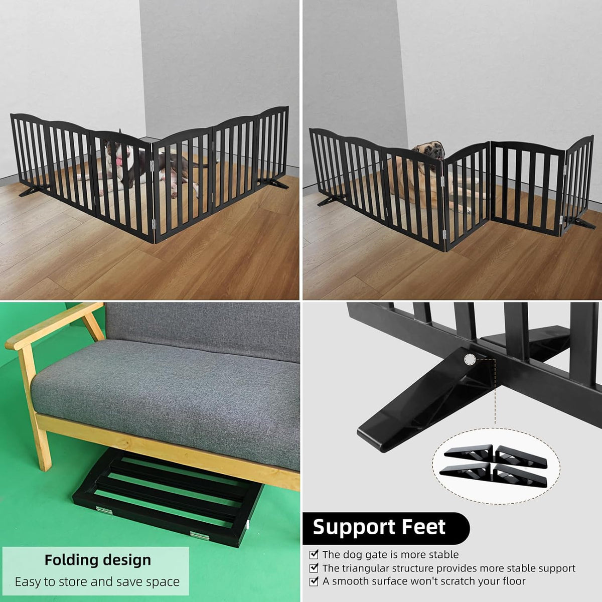ZJSF Foldable Freestanding Indoor Dog Gate for House Wood White Long Pet Gates Dog Fence for Stairs Puppy Gates for Hallways, Puppy Gate,Support Feet Included, Black, 24 "Height-6 Panels