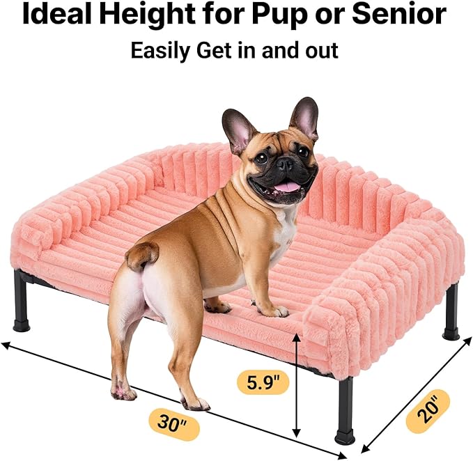 Veehoo Elevated Dog Bed with Bolster Cushion, Fluffy Plush Dog Couch Beds for Small Dogs, Cats, Washable Raised Pet Cot with Non-Slip Feet for Indoor or Patios Use, 30 x 20 Inches, Pink