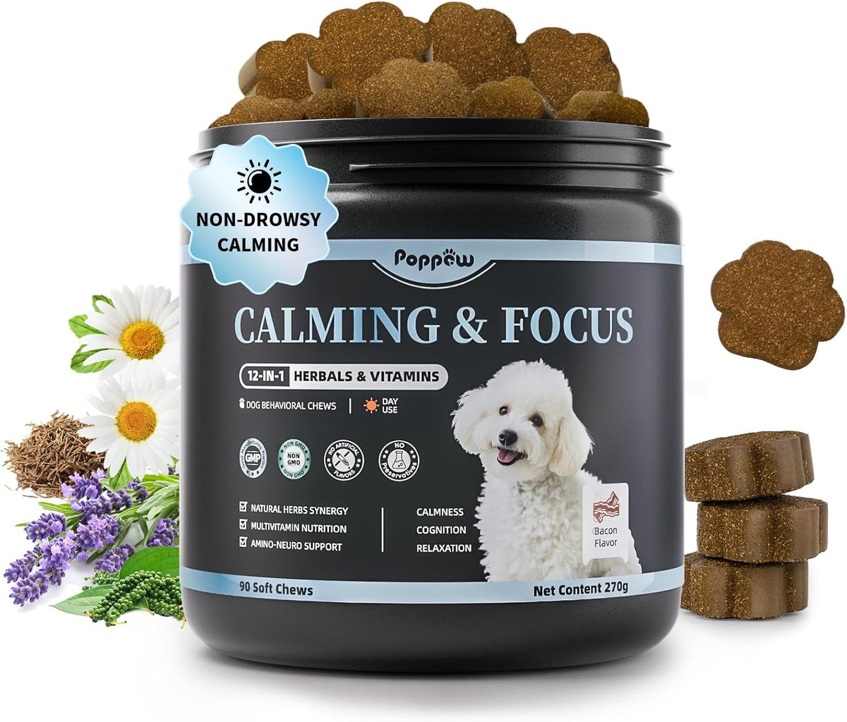 Calming Chews for Dogs – Calming Treats for Anxiety, Stress, Separation, Travel&Thunder, Relaxation & Focus Support with L-Theanine, Valerian Root, Chamomile & Ashwagandha, Bacon Flavor, 90Ct