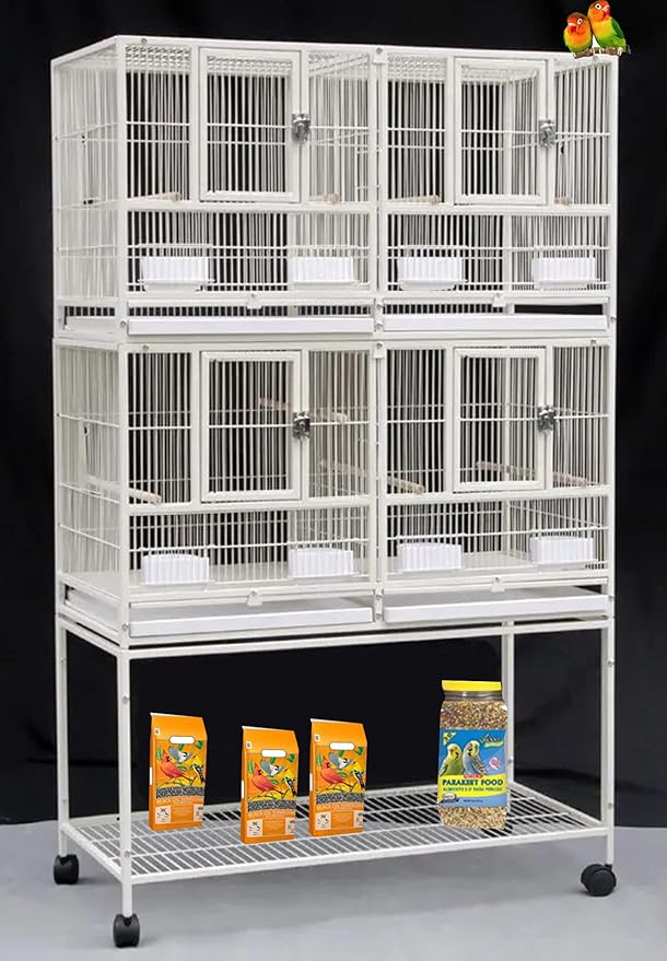 Combo Breeding Stacker Center Divided Breeder Bird Flight Double Rolling Cage with Side Breeding Nest Door (White, Double Stack)