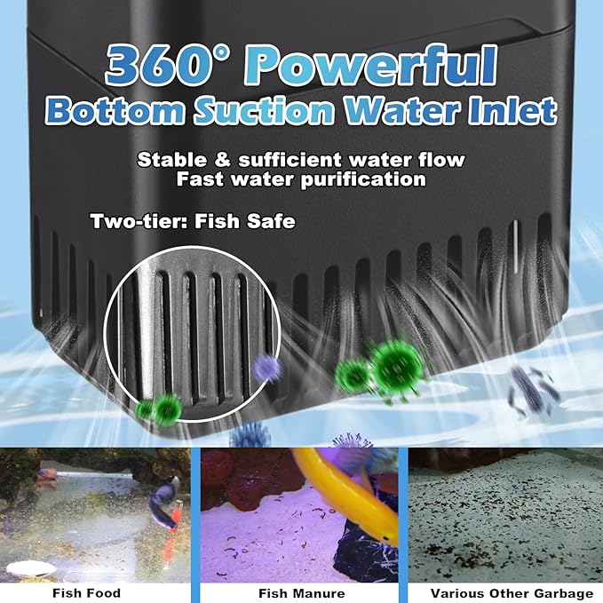 220GPH Turtle Filter for 20-45 Gal Tank, Small Turtle Filters 3-Stage Filtration for Freshwater Saltwater Cloudywater, Ultra-Quiet and Flow Adjustable for Fish Turtles Shrimps Amphibians Frogs