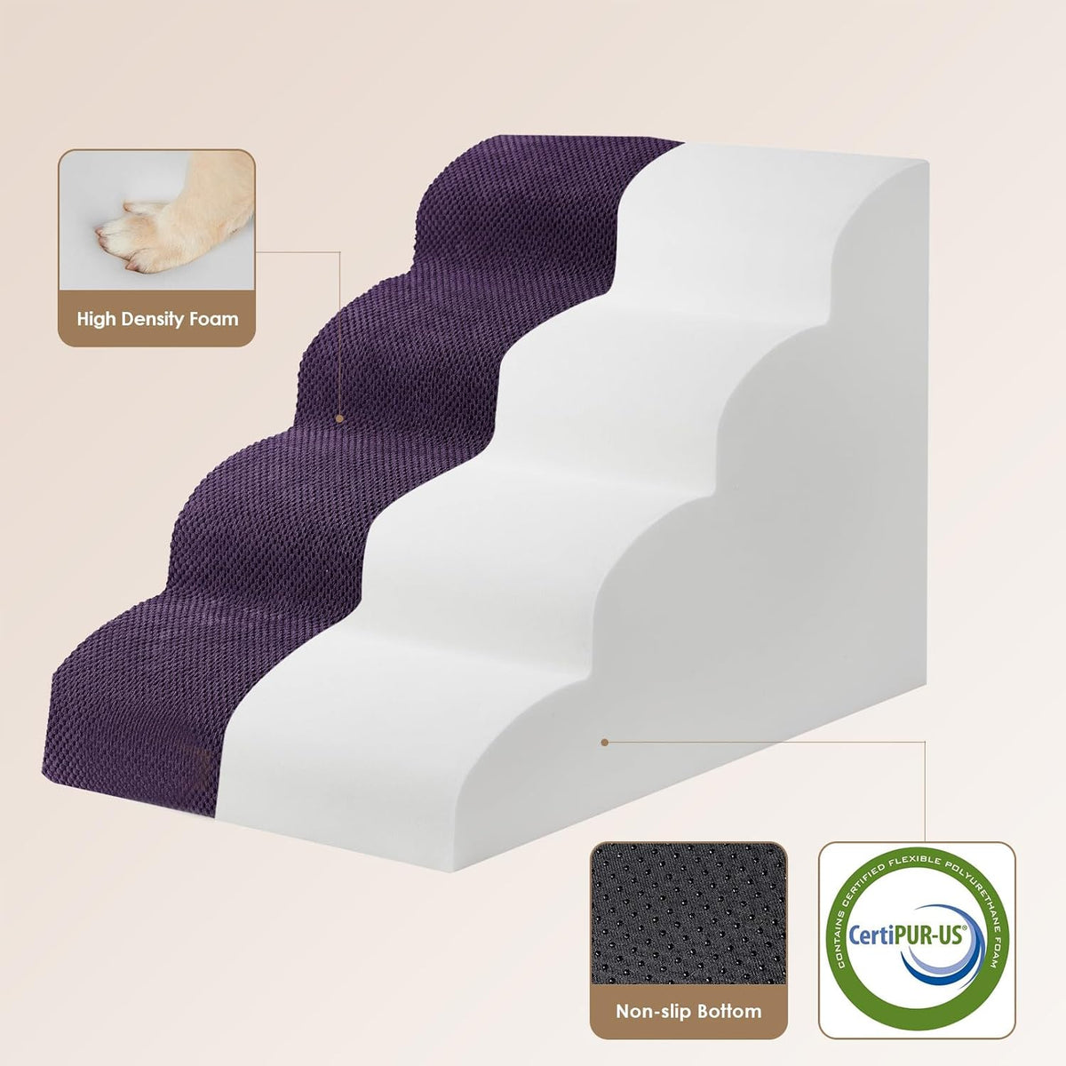 EHEYCIGA Curved Dog Stairs Ramp for High Beds 19.7" H, 4-Step Dog Steps for Small Dogs and Cats, Pet Stairs for High Bed Climbing, Non-Slip Balanced Pet Step Indoor, Purple