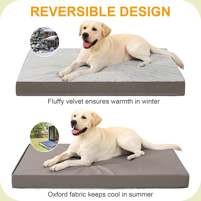 KSIIA Orthopedic Dog Bed, Waterproof, 41 x 27 Inch, Gray, Deluxe Plush, Removable Cover, Durable Zipper, Orthopedic Foam, 3-Inch Thick, For Dogs Up to 80lbs
