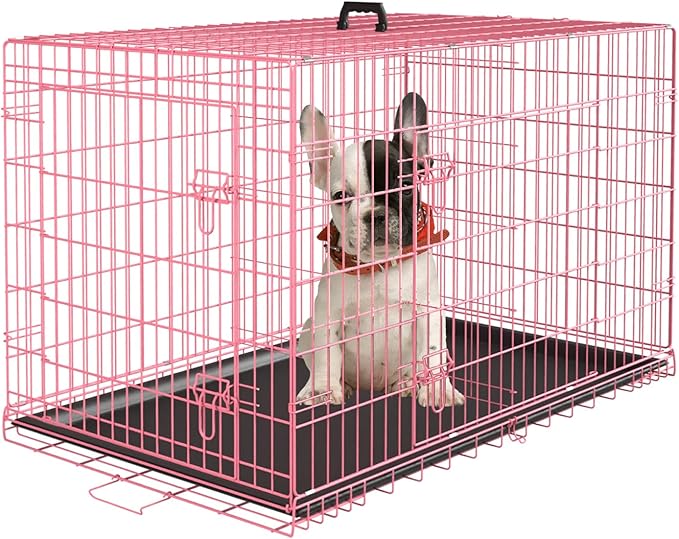 PayLessHere Small Dog Crate Kennel 24 inches Metal Dog Cage Double-Door Folding Travel Indoor Outdoor Puppy Playpen with Divider and Handle Plastic Tray,Pink