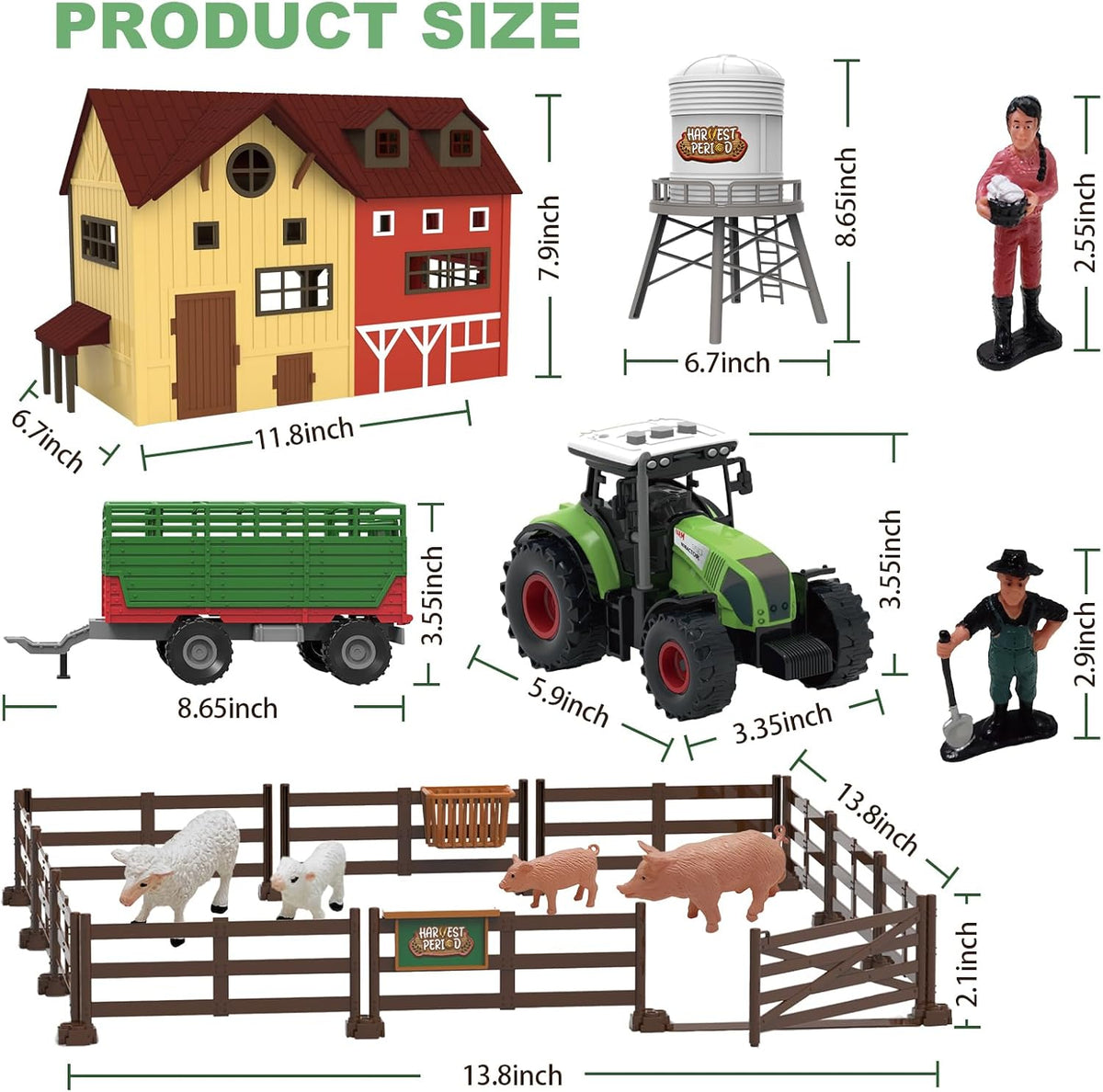 109PCS Farm Animals Toys Set Comes with Barn, Rice Storehouse, Rice Trolley, Milking shed, Farmer, Fence - Playset for Kids Toddlers Boys Girls 5+ Years Old