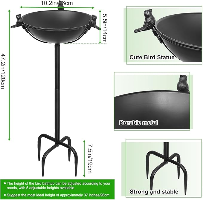 58In Freestanding Birdbaths Bowl Outdoor, Standing Garden Bird Bath Feeder Bowl with 3 Bird Statues, Birdbath & Birdfeeder with Metal Stake Garden Yard Lawn Decor (Black)