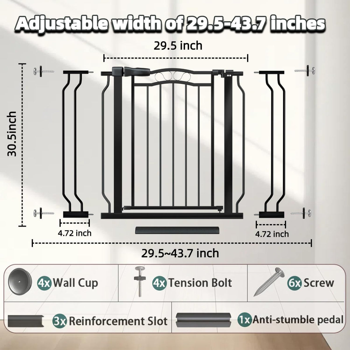 29.53"-43.30" Mornyray Auto-Close Baby Gate Extra Wide, Pressure Mounted Dog & Pet Gate for Stairs Doorways, No Drill Safety Barrier with Lace Design, Metal Child Proof Gate Indoor Outdoor, Black