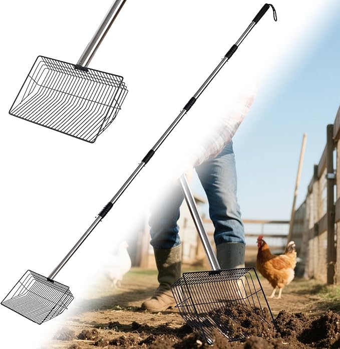 10inch Large Metal Chicken Poop Scooper,32 to 67" Adjustable Long Chicken Coop Litter Scoop,Heavy Duty Sifting Shovel for Chicken Coop & Pet Waste Cleaning