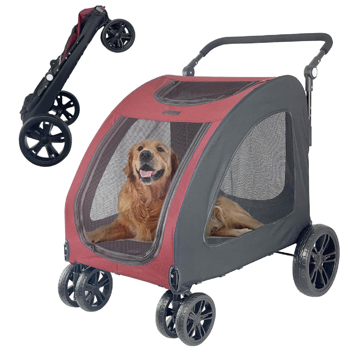 Extra Large Dog Stroller for Medium & Large Pets - Foldable Design, Adjustable Handle, Up to 130 lbs(Red)