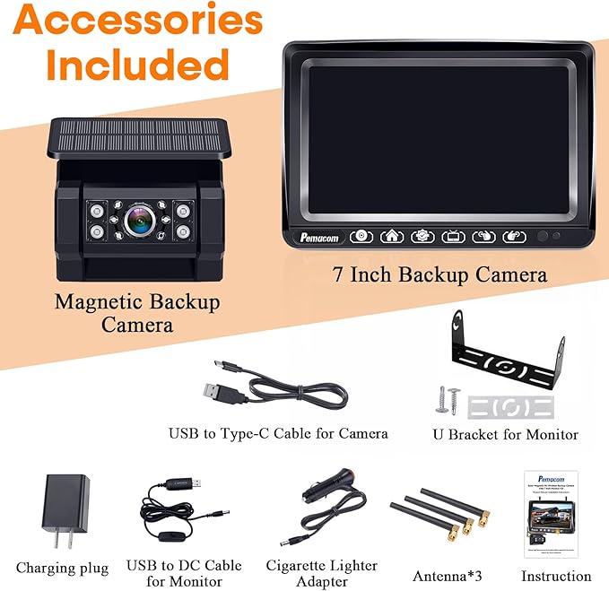 RV Backup Camera with Solar Magnetic: Long Distance No Signal Delay, 7 Inch Touch Key Monitor with Recording, HD 1080P Wireless Backup Camera for Trailer, 5th Wheel, Camper