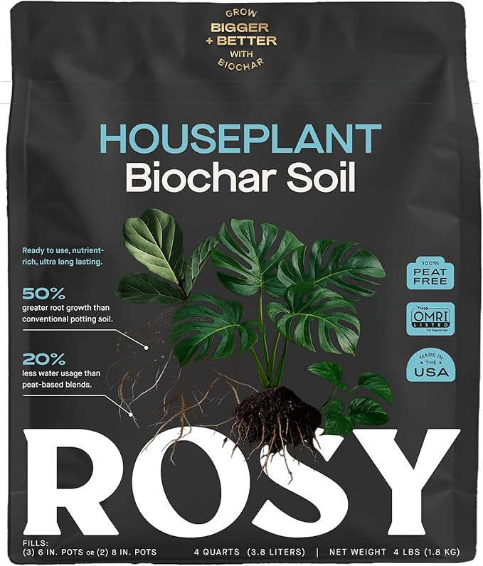 Rosy Soil Indoor Potting Soil for House Plants - Organic Potting Soil Mix for Indoor Plants - Enriched w/Root-Boosting Biochar for Foliage Plants, Flowers, Herbs - Peat Free, Less Prone to Gnats - 4qt
