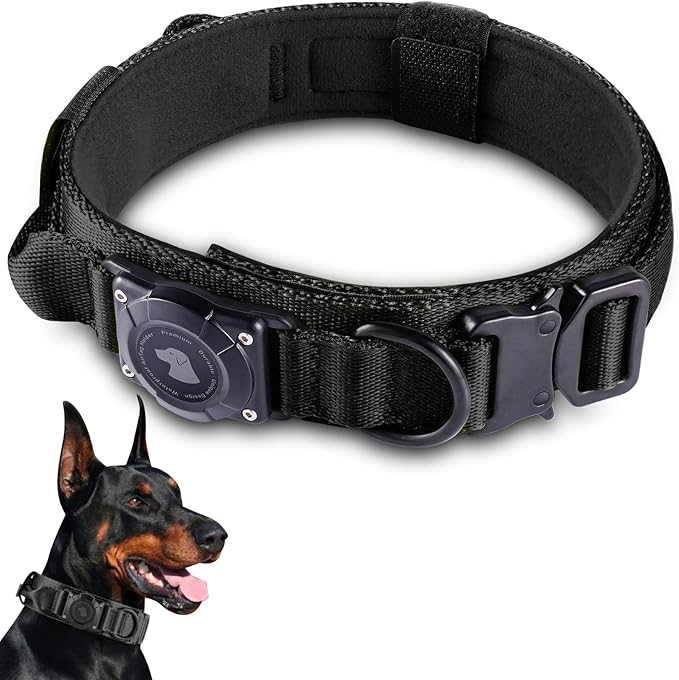 2025 Upgrade Waterproof AirTag Dog Collar, Military Tactical Dog Collar with AirTag Holder, Comfortable Control Handle and Metal Buckle, GPS Dog Collar Holder for Medium to Large Dogs (Black, XL)