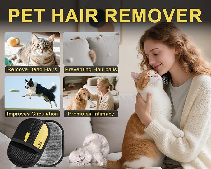 2Pcs Electrostatic Gloves Pet Hair Removal, Reusable Cat & Dog Hair Remover for Couch, Furniture, Carpet, Curtain, Upgraded Animal Fur Removal Tool, Cat Grooming Gloves