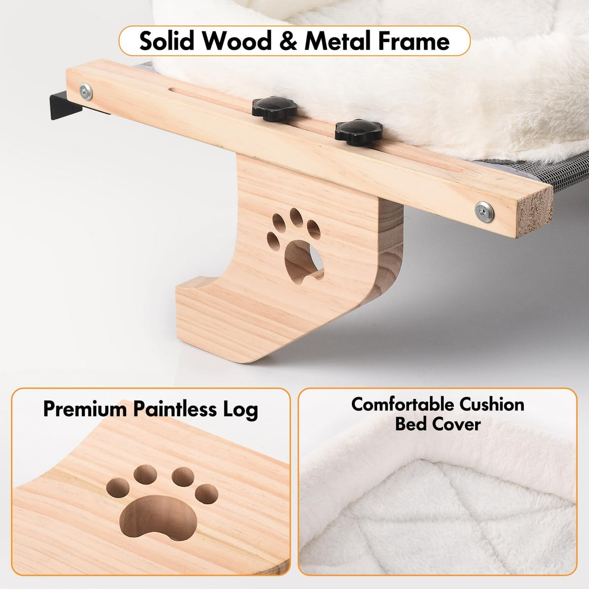 AMOSIJOY Cat Sill Window Perch Sturdy Hammock Window Seat with Cushion Bed Cover, Wood & Metal Frame for Large Cats, Easy to Adjust Cat Bed for Windowsill, Bedside, Drawer and Cabinet (M)