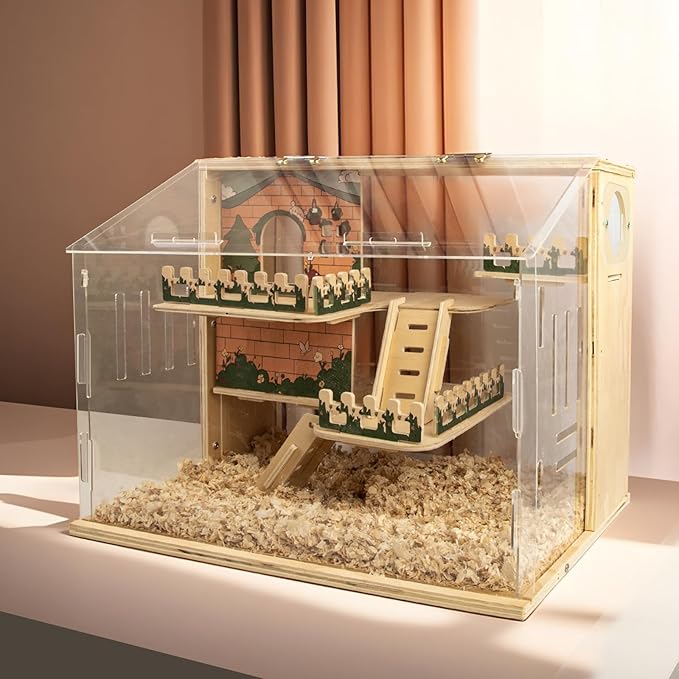Wooden Hamster Cage, 15.8" 3-Layer Acrylic Dwarf Hamster Cages,Top Open Small Animal Cages with Stairs, Fences, Pastoral Style Mouse Cage for Pet Mice, Hedgehog