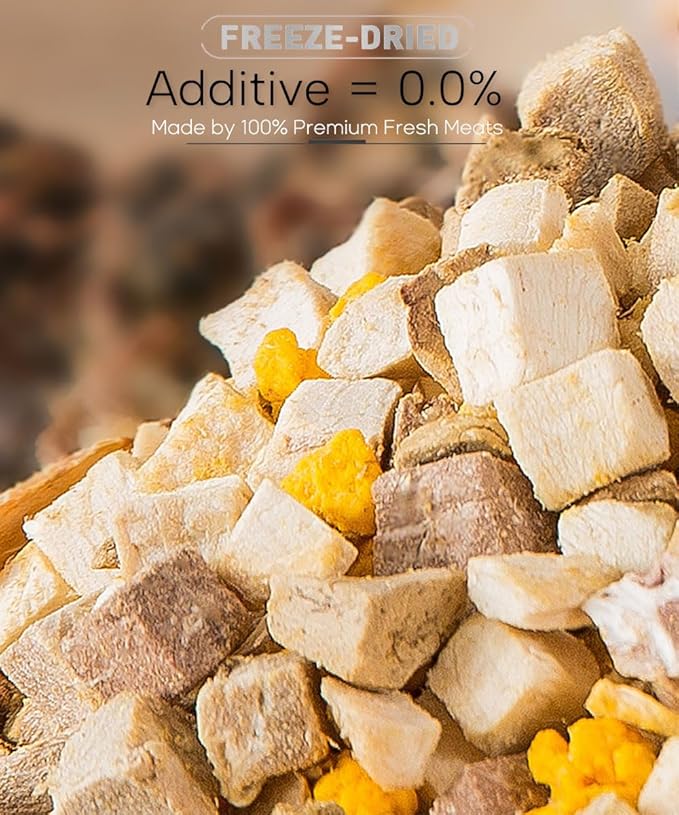 Freeze Dried Cat & Dog Treats – 8OZ Freeze Dried Chicken+Duck+Egg Yolk 3 in 1 Meat Snacks - High Protein, Bite-Sized, Training Treats Snacks (8 OZ)