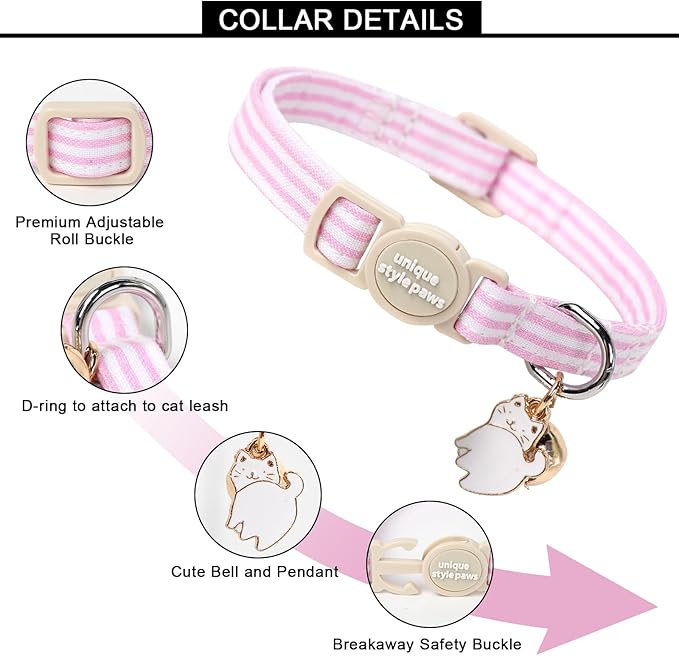 Unique style paws 2 Pack Spring Summer Kitten Collar Breakaway with Bell&Pendant, Adjustable Safety Blue Pink Stripe Cat Cotton Collar for Girl Boy Cat and Small Pet