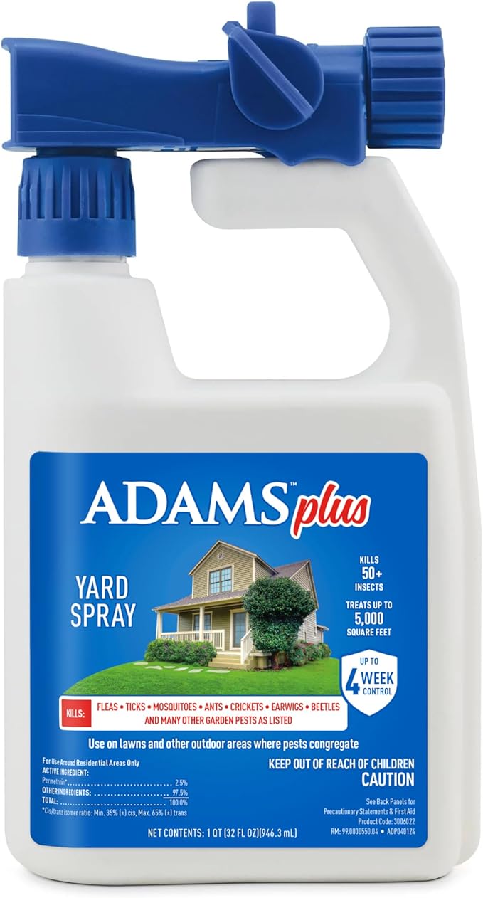 Adams Plus Yard Spray ; Kills Mosquitoes, Fleas, Ticks, Ants, And Many Other Listed Nuisance Pests in Outdoor Areas ; Treats Up to 5,000 Square Feet ; Easy To Use Hose-End Spray ; 32 Fl Oz