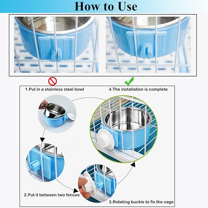 2 Pieces Crate Dog Bowl, Removable Stainless Steel Pet Kennel Hanging Food Water Feeder Bowl Cage Coop Cup for Puppy Medium Dog Cat Rabbit Ferret Bird (Blue,Green)