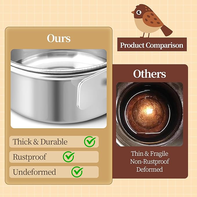 Bird Cage Feeder, Bird Feeder for Cage, 40oz Stainless Steel Food Water Bowl with Clamp, Clip-On Cage Coop Cup for Parrot Hamster Rabbit Rat Small Animals