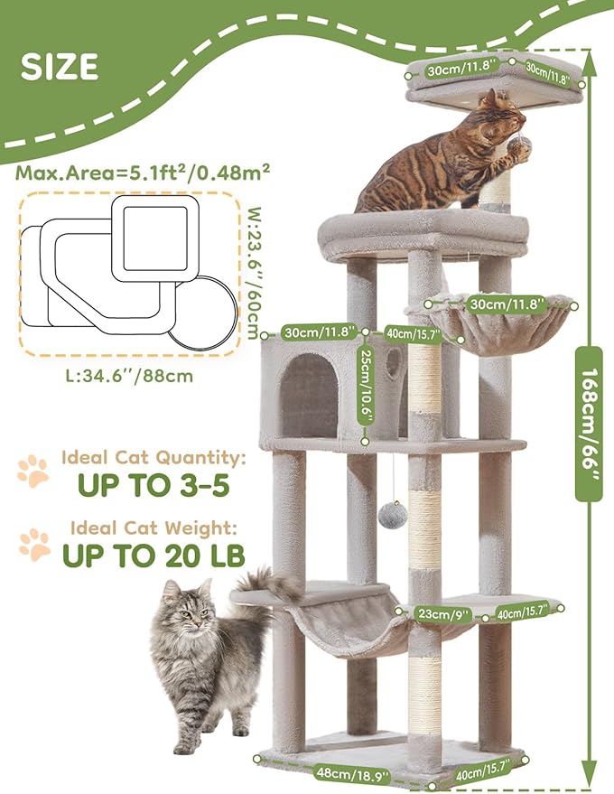 Taoqimiao MS042W Cat Tree,66-inch Large Cat Tower with Scratching Posts, Luxurious Large Platform for Big Cats with Soft Hammock, Adjustable Basket, Deluxe Cat Cando, Top Perch Light Gray