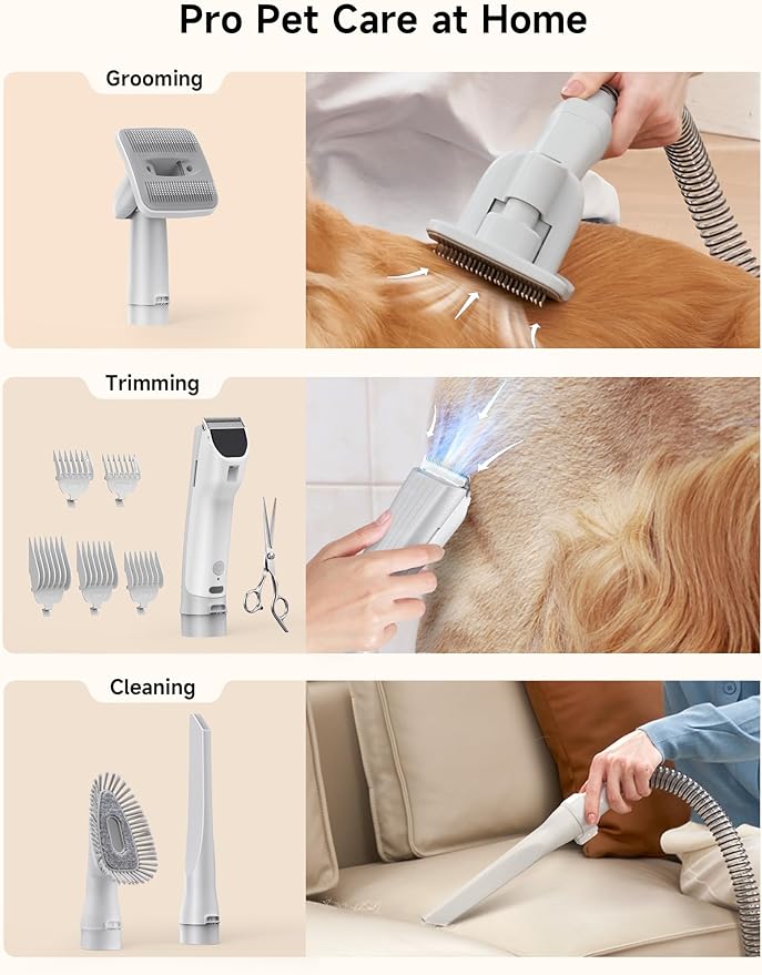 Hicozy S1+ Dog Grooming Vacuum, 12000Pa Minimum 50dB Quiet Dog Vacuum for Shedding Grooming with 2L Dust Cup, 6 Professional Pet Accessories with Clippers, Gray