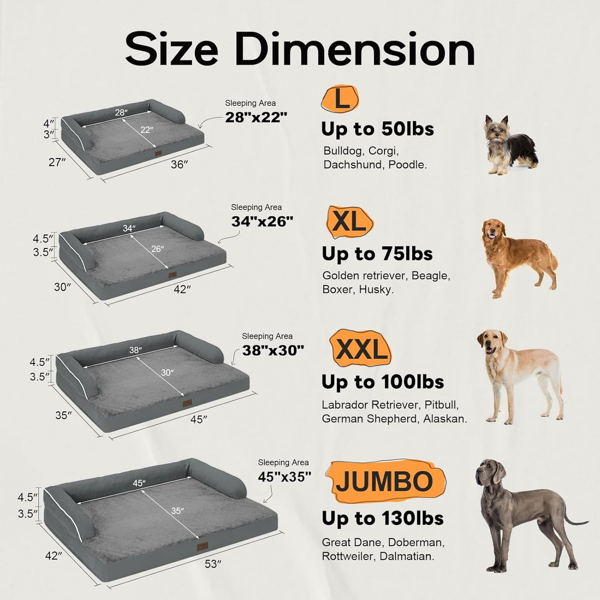 Large Dog Bed Orthopedic Washable - Beds Bolster - Extra Large Big Dogs - Memory Foam Couch Sofa - Waterproof with Removable Cover - Dark Grey Dog Bed