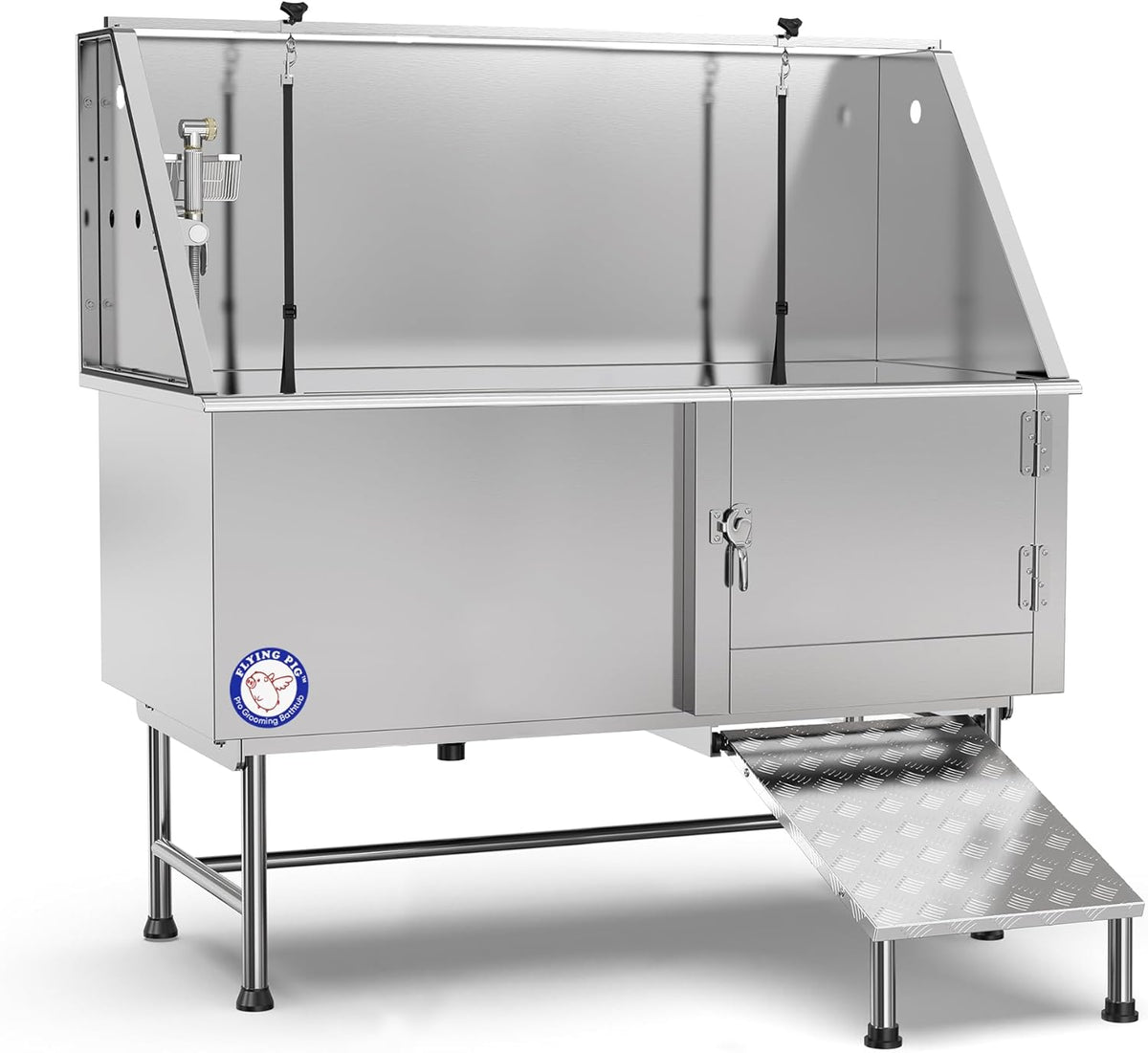 Flying Pig Grooming 62" Stainless Steel Pet Dog Bath Tub with Faucet (Right door/Left Drain), 62 x 27 x 58"