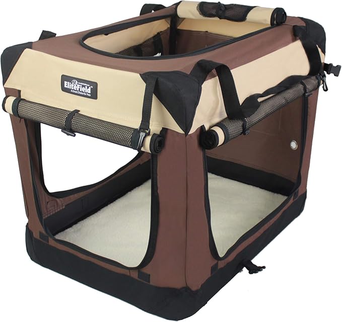 EliteField 4-Door Folding Soft Dog Crate with Curtains, Carrying Bag and Fleece Bed (2 Year Warranty), Indoor & Outdoor Pet Home (20" L x 14" W x 14" H, Brown+Beige)